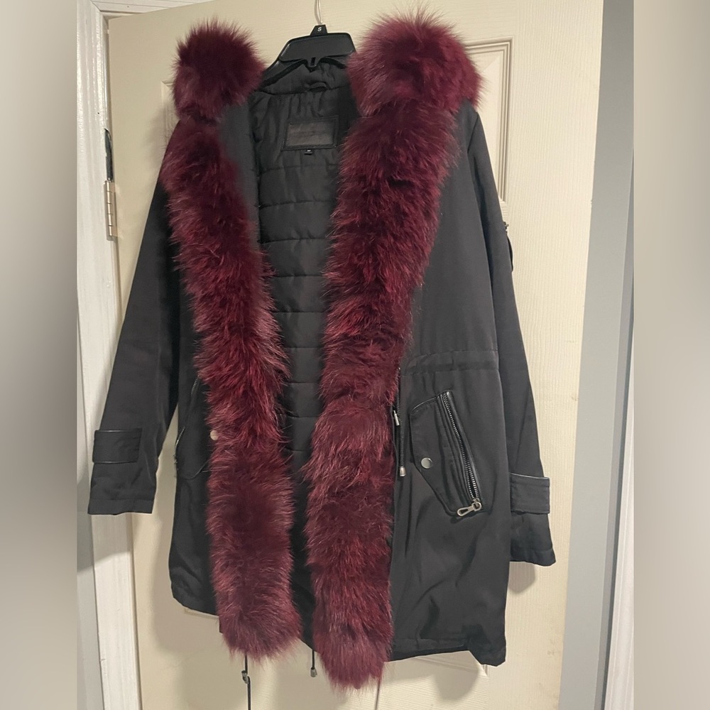 Black Coat With Burgandy fur lining
